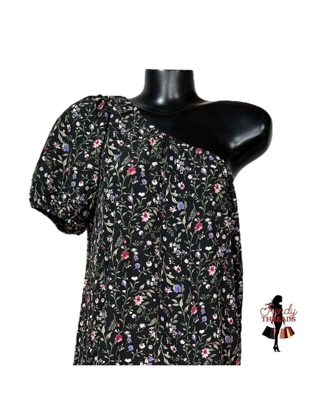 French Grey NEW One Shoulder Ruffle Dress Medium Large Dark Floral Black Boho - Picture 2 of 8